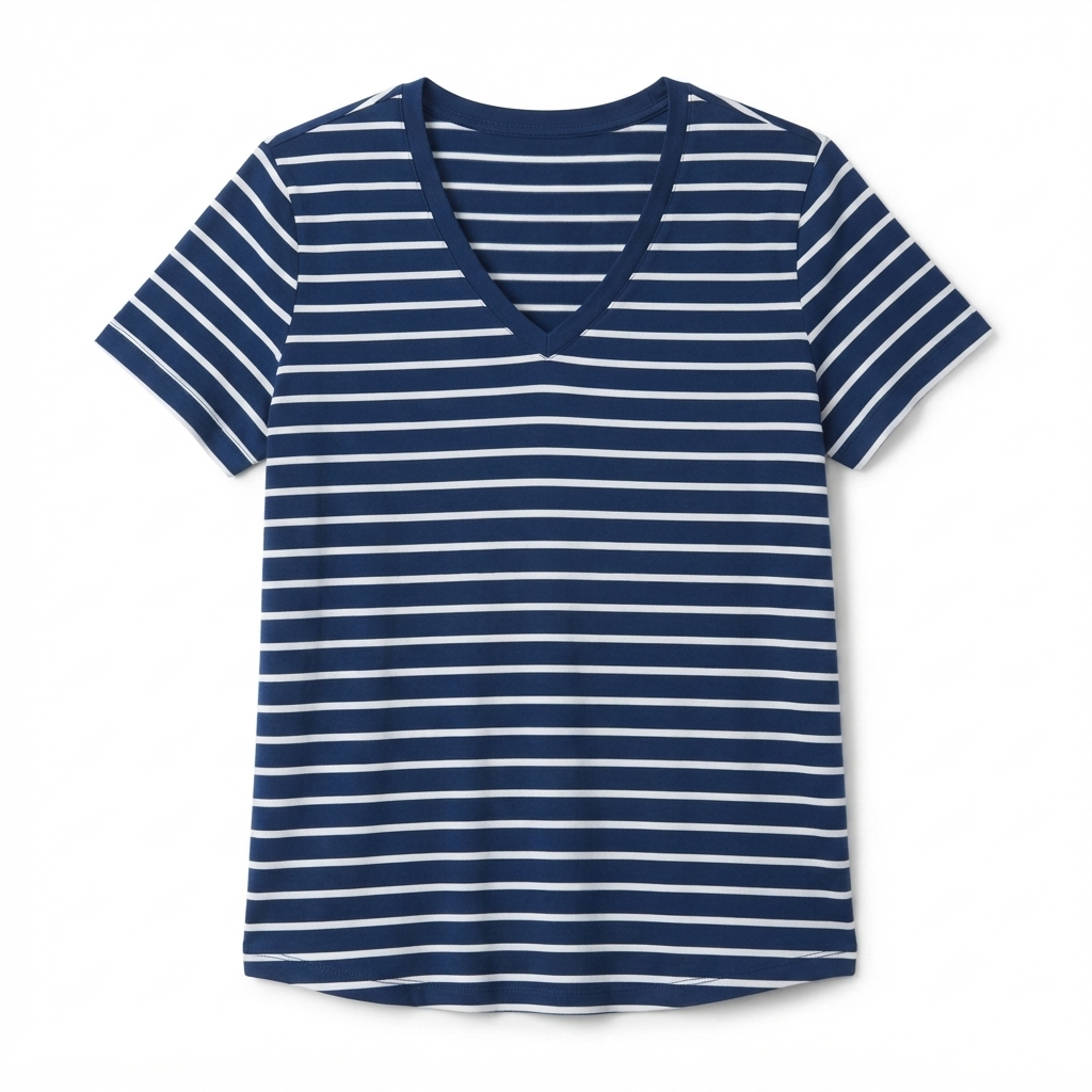 217) Camiseta Manga Corta a Rayas Azul Marino con Cuello en V – Talla XXL