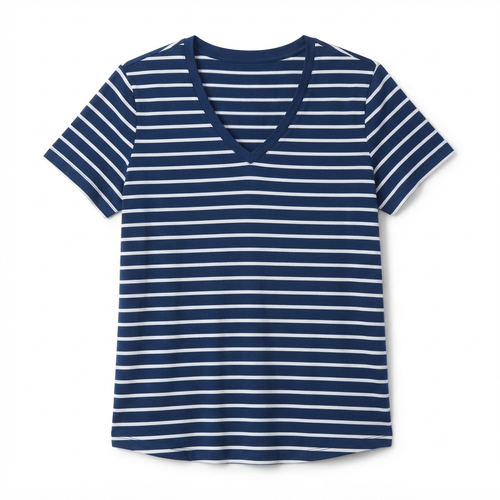 217) Camiseta Manga Corta a Rayas Azul Marino con Cuello en V – Talla XXL