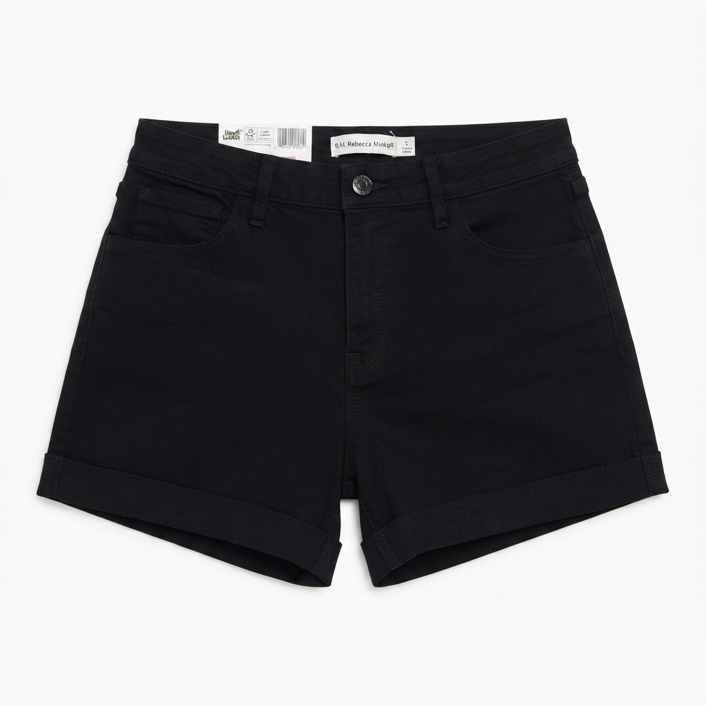 221) Short de Mezclilla Negro Tiro Alto con Dobladillo Doblado para Mujer – Talla 6