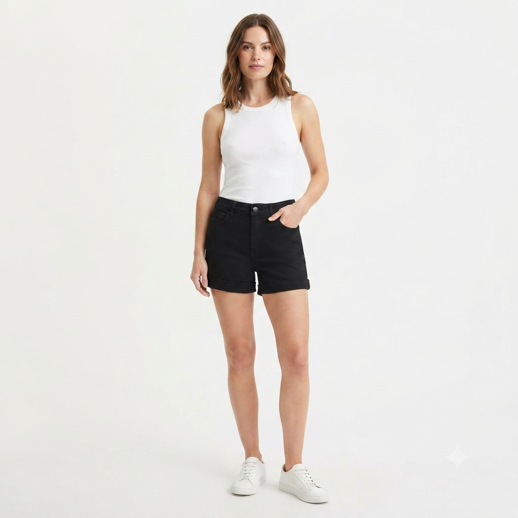265) Short de Mezclilla Negro Tiro Alto con Dobladillo Doblado para Mujer – Talla 8