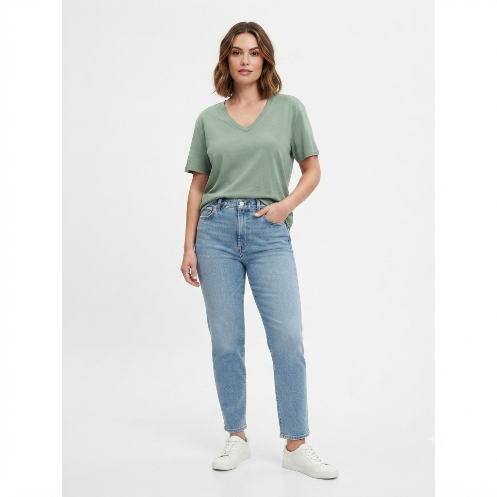 223) Camiseta GAP Mujer Cuello en V Relaxed Fit Verde Salvia – Talla XXL