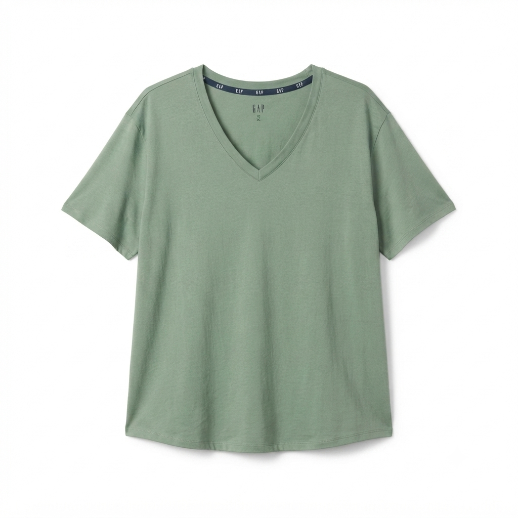 223) Camiseta GAP Mujer Cuello en V Relaxed Fit Verde Salvia – Talla XXL