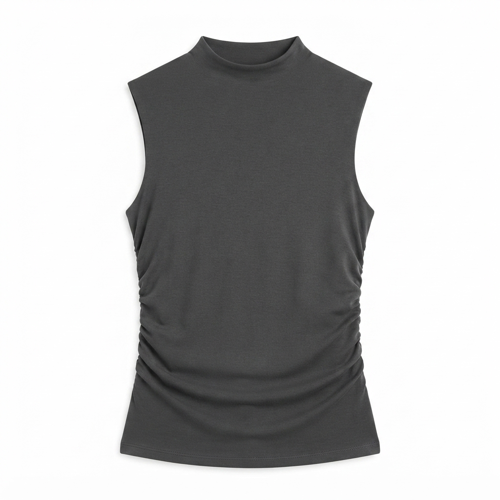 224) Top Sin Mangas con Cuello Alto Fruncido – Gris Carbón | Talla S