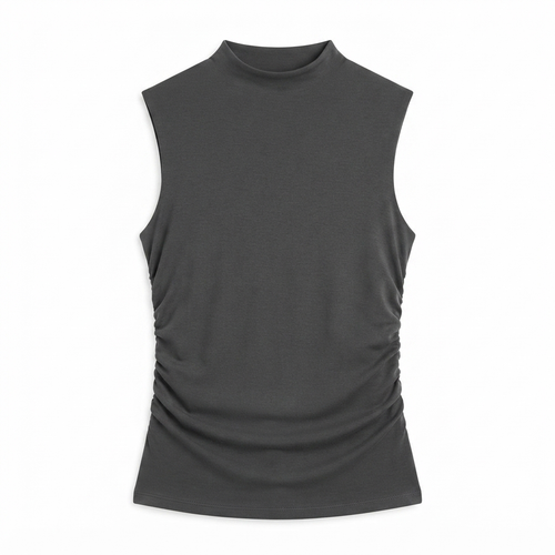 224) Top Sin Mangas con Cuello Alto Fruncido – Gris Carbón | Talla S