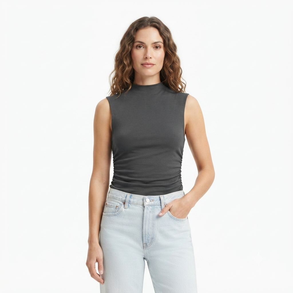 224) Top Sin Mangas con Cuello Alto Fruncido – Gris Carbón | Talla S
