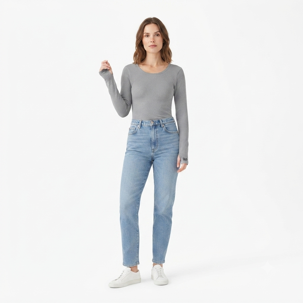 225) Top Acanalado de Manga Larga con Cuello Redondo – Gris Claro | Talla 2X