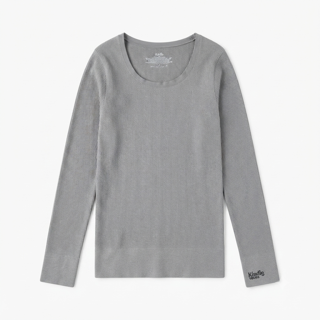 225) Top Acanalado de Manga Larga con Cuello Redondo – Gris Claro | Talla 2X