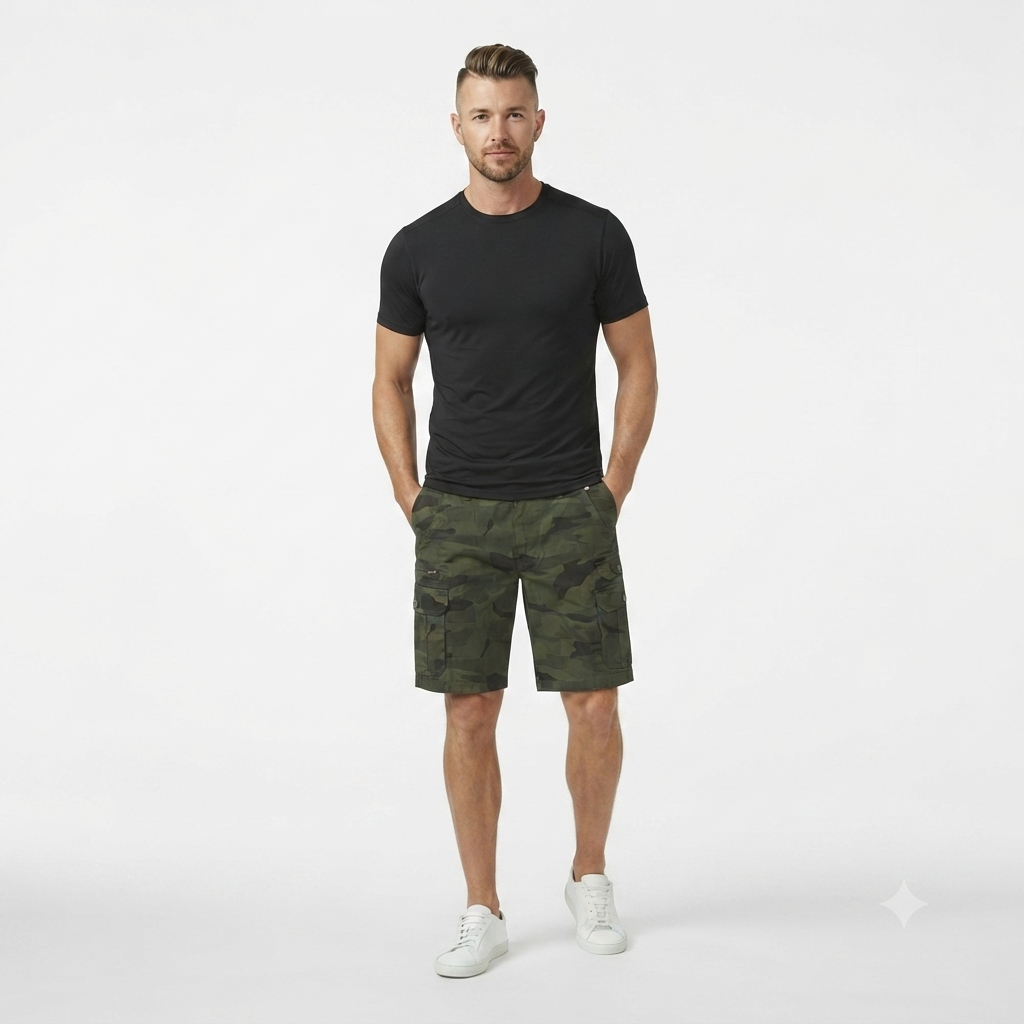 227) Shorts Cargo Camuflaje Verde Militar para Hombre – Talla 36