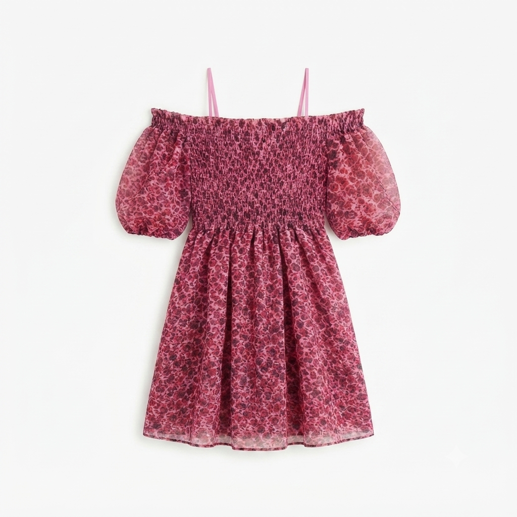 268) Vestido Off-Shoulder Smocked Floral en Organza Rosa – Talla XL