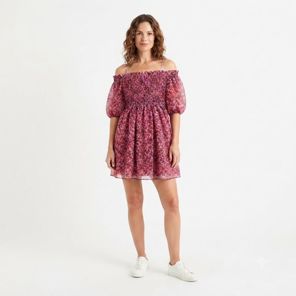 268) Vestido Off-Shoulder Smocked Floral en Organza Rosa – Talla XL