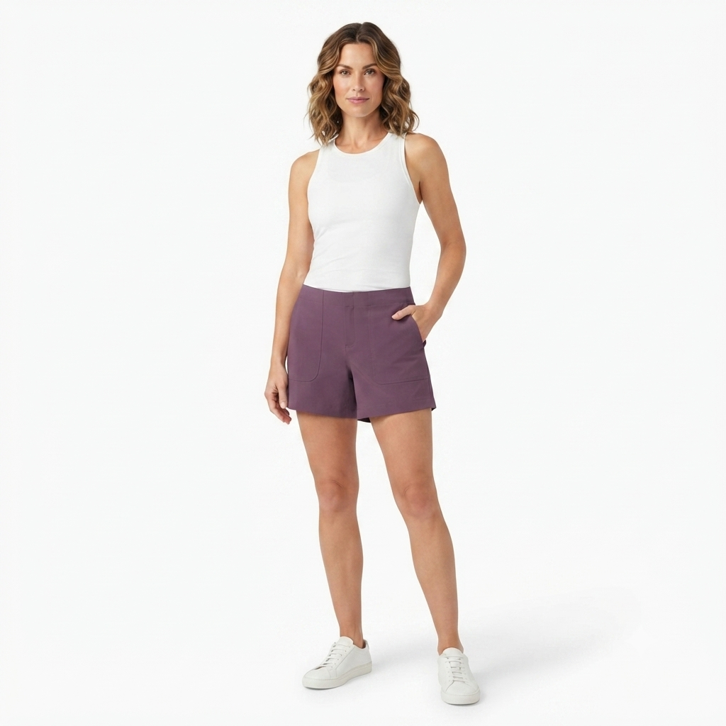 239) Shorts de Tela Morado Ciruela con Bolsillos – Talla 14 | Estilo Casual Femenino