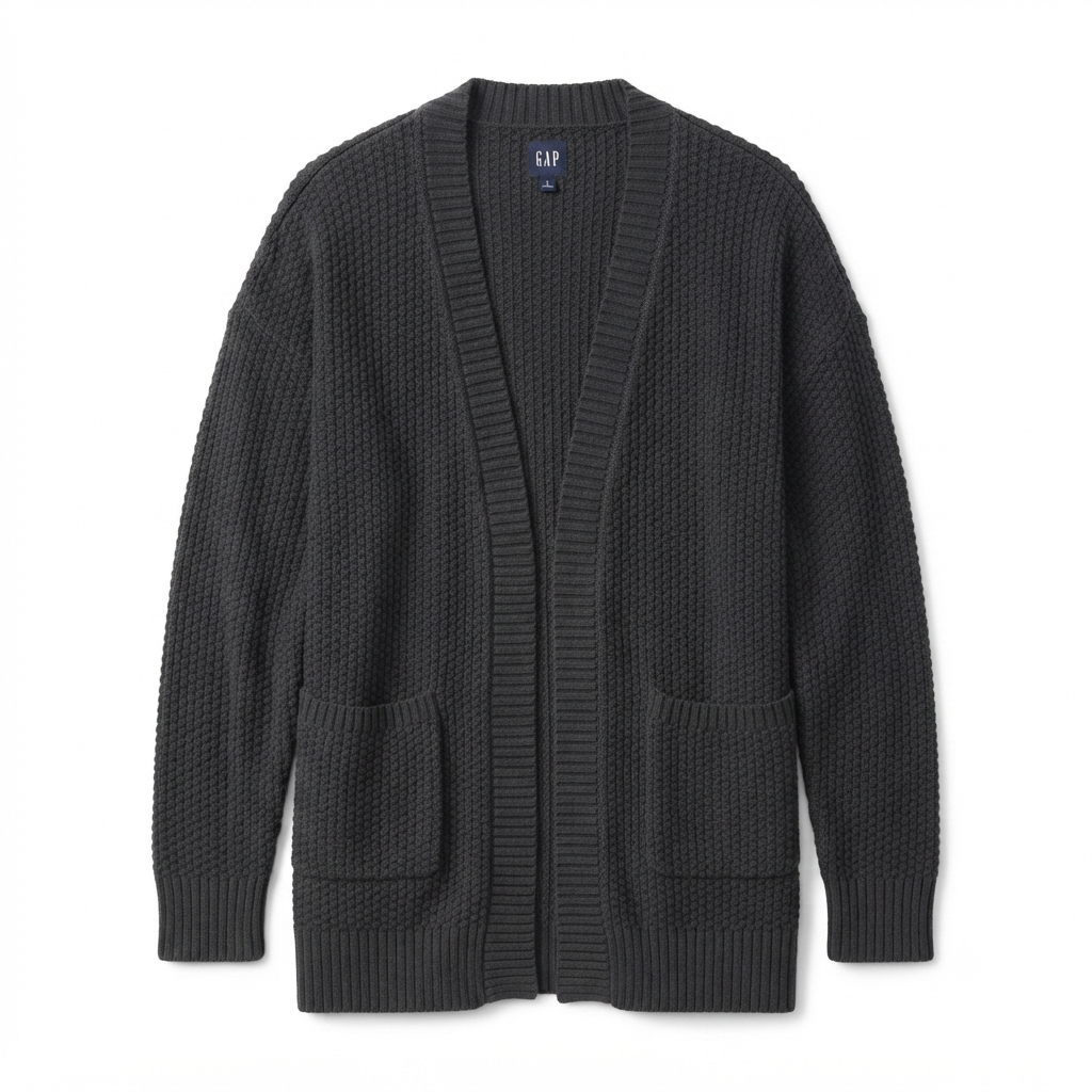 240) Cardigan Tejido Gris Carbón Oversize con Bolsillos – Talla L | Abrigo Casual Femenino