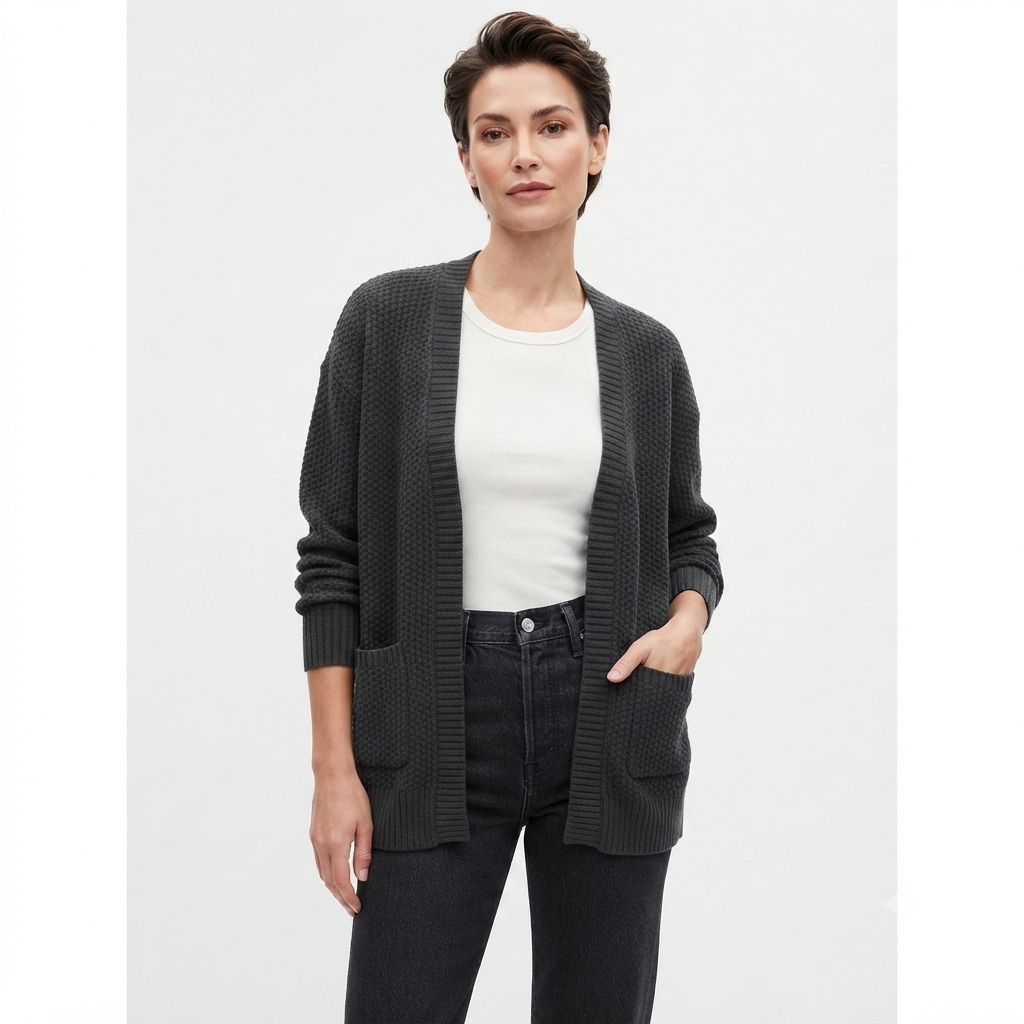 240) Cardigan Tejido Gris Carbón Oversize con Bolsillos – Talla L | Abrigo Casual Femenino