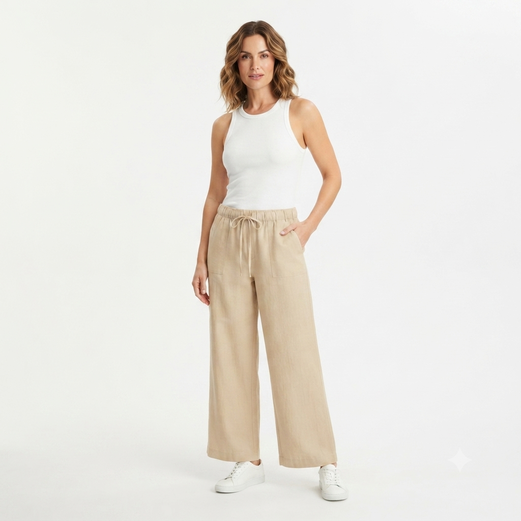 242) Pantalón Wide Leg de Lino para Mujer con Cordón Ajustable – Talla XXL | Beige Arena
