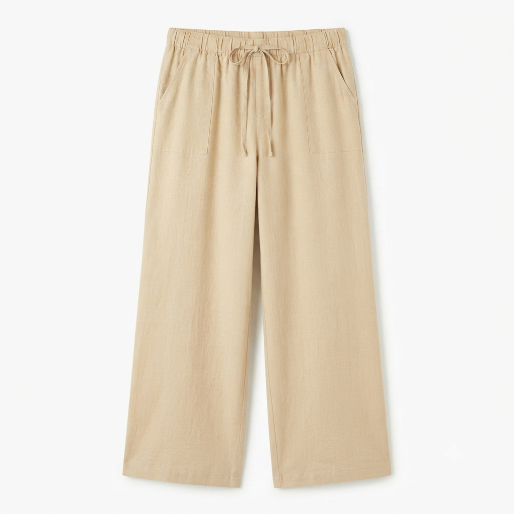 242) Pantalón Wide Leg de Lino para Mujer con Cordón Ajustable – Talla XXL | Beige Arena