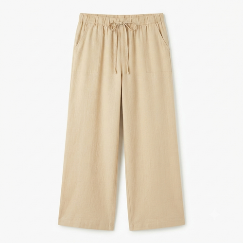 242) Pantalón Wide Leg de Lino para Mujer con Cordón Ajustable – Talla XXL | Beige Arena