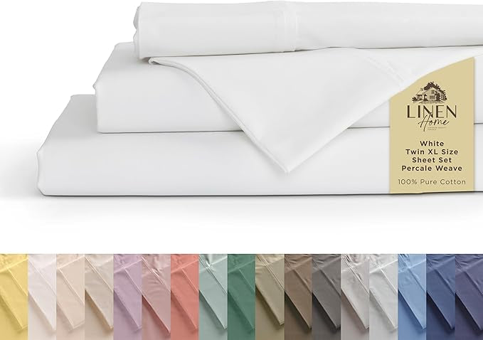 Linen Home Sábanas de Percal de Algodón 100% | Juego 3 Piezas Twin XL Blanco Bolsillo Profundo