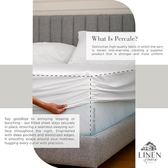 Linen Home Sábanas de Percal de Algodón 100% | Juego 3 Piezas Twin XL Blanco Bolsillo Profundo