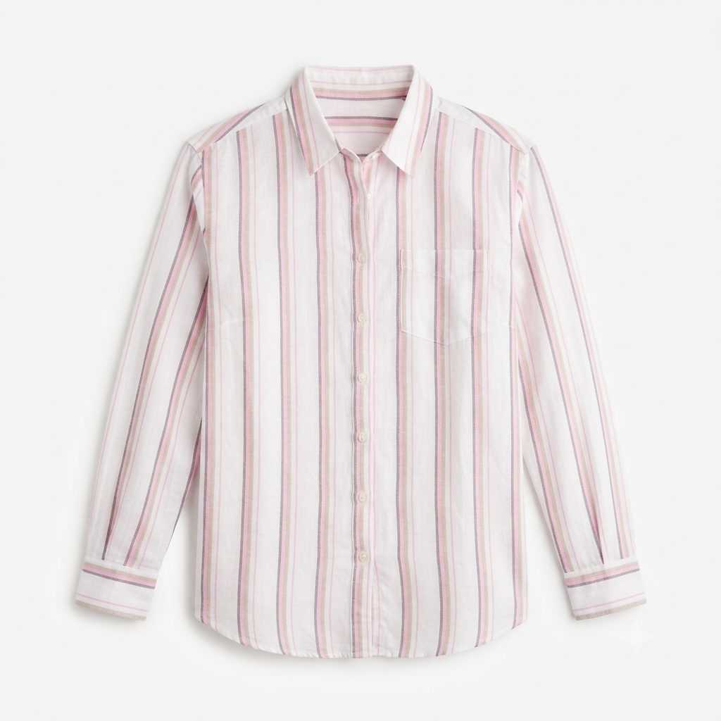 248) Camisa de Mujer a Rayas Rosa y Blanco – Manga Larga con Bolsillo | Talla L