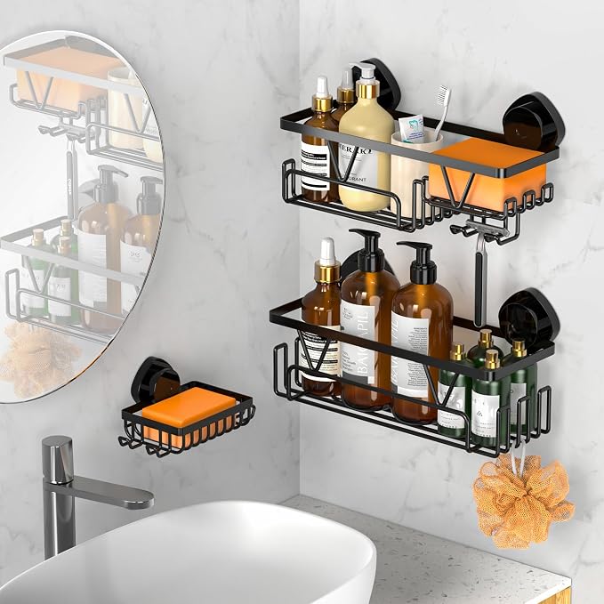 Kegii Repisa de Baño con Ventosas | Set 3 Piezas Acero Inoxidable Negro Sin Taladro