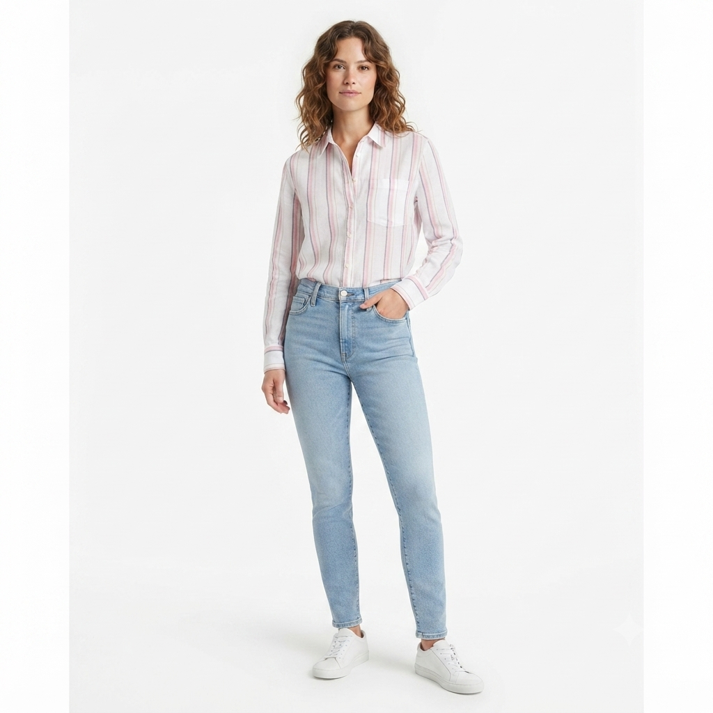 248) Camisa de Mujer a Rayas Rosa y Blanco – Manga Larga con Bolsillo | Talla L