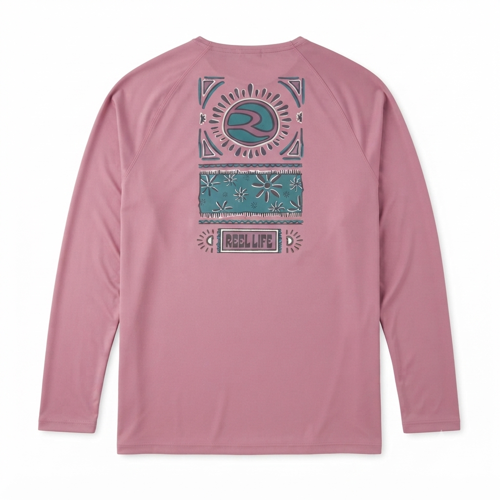 249) Camiseta Manga Larga Reel Life para Mujer – Protección Solar UPF, Diseño Boho Teal | Talla XXL