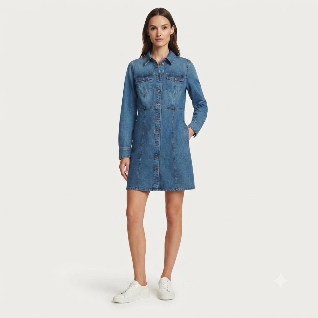 251) Vestido Camisero de Denim para Mujer – Manga Larga, Estilo Western, Talla M