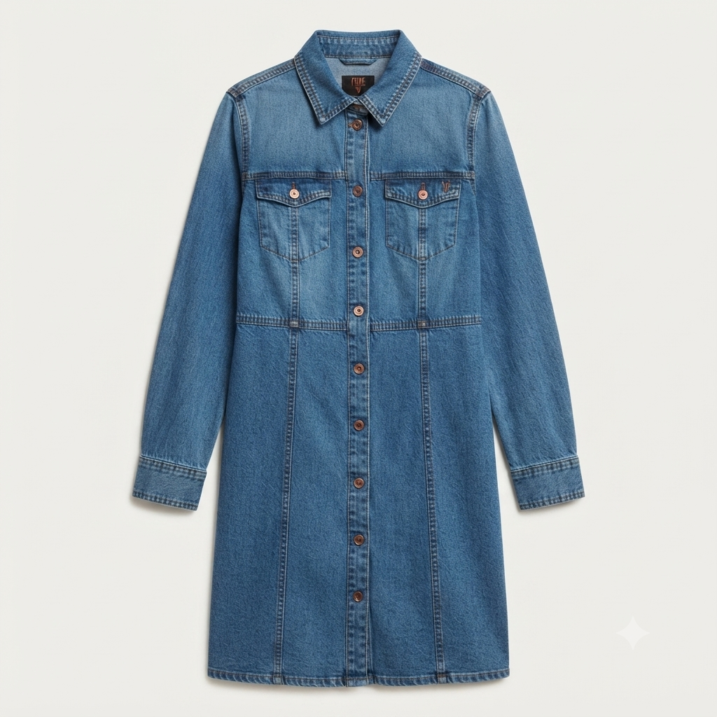 251) Vestido Camisero de Denim para Mujer – Manga Larga, Estilo Western, Talla M