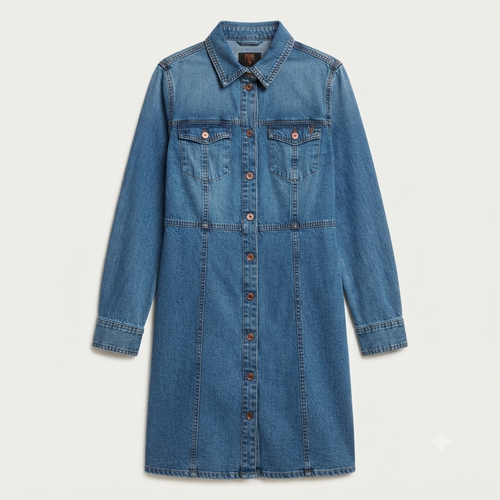 251) Vestido Camisero de Denim para Mujer – Manga Larga, Estilo Western, Talla M