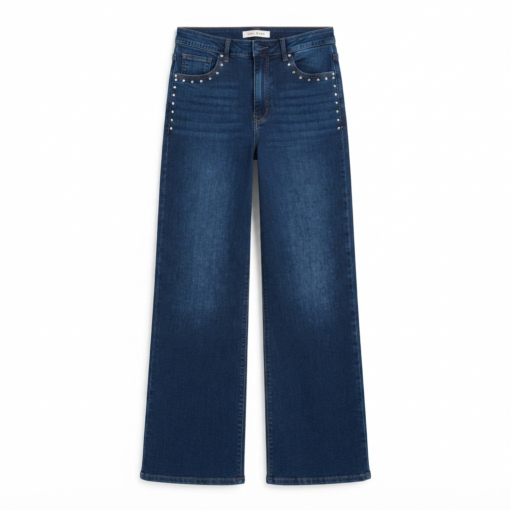 252) Jeans Wide Leg con Tachas Decorativas – Corte Alto y Silueta Moderna Talla 10