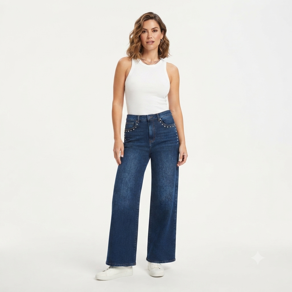 252) Jeans Wide Leg con Tachas Decorativas – Corte Alto y Silueta Moderna Talla 10