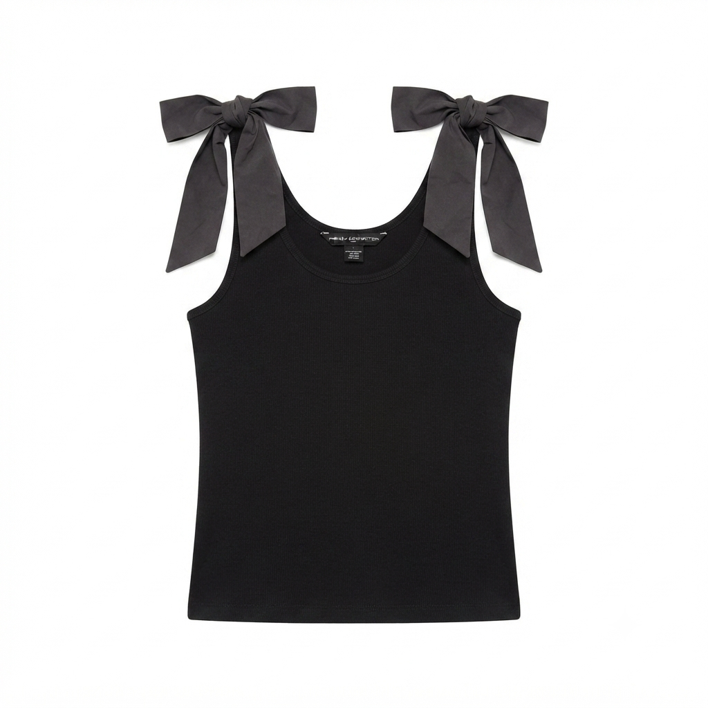 254) Tank Top Negro con Lazos de Satén en Hombros – Estilo Chic y Versátil | Talla L