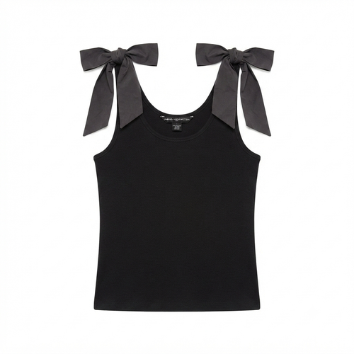 254) Tank Top Negro con Lazos de Satén en Hombros – Estilo Chic y Versátil | Talla L