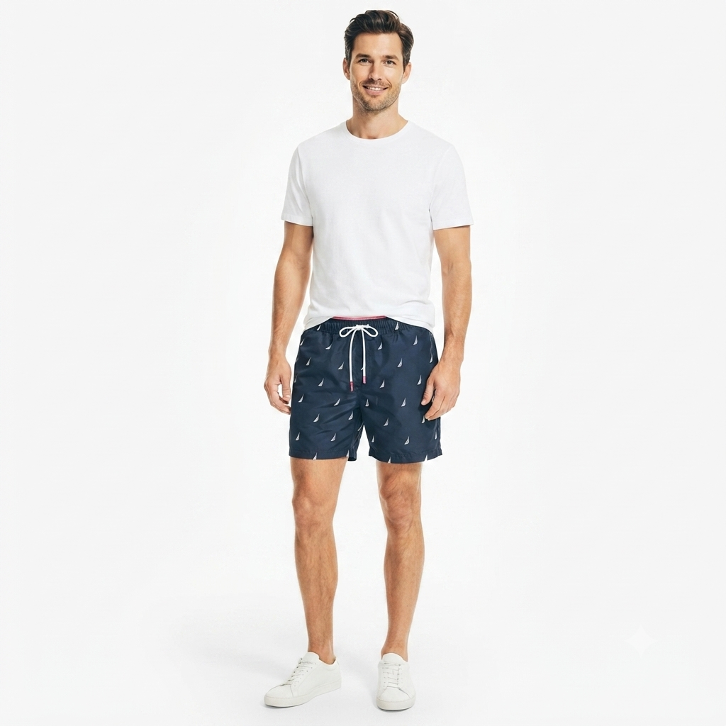 259) Pantaloneta de Baño para Hombre – Estampado Náutico Veleros | Azul Marino | Talla XXL