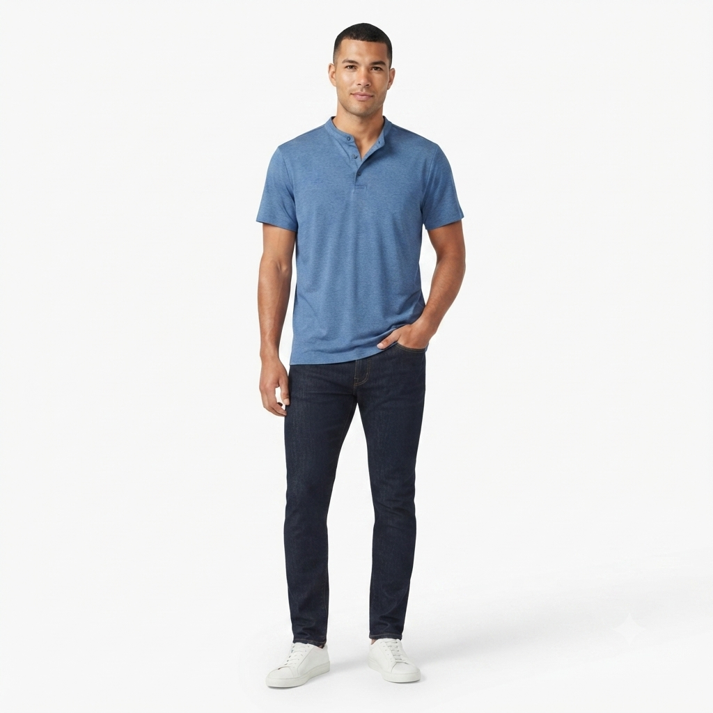 260) Polo Manga Corta Hombre Azul Acero – Cuello Mao con Botones | Talla L