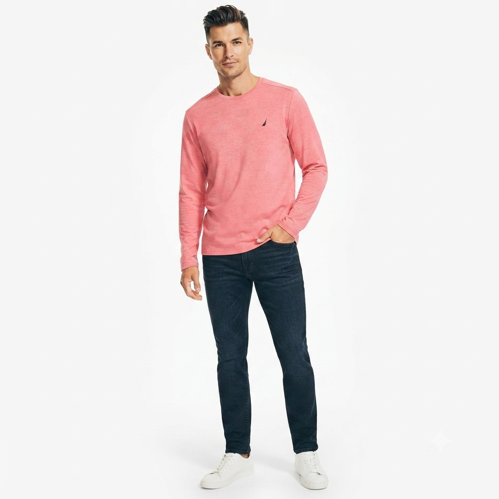 263) Camiseta Manga Larga Hombre Rosa Coral Nautica – Cuello Redondo Logo Bordado | Talla XXL