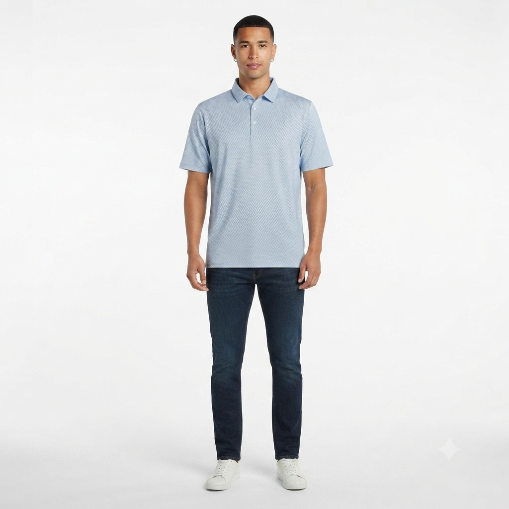 271) Polo Masculino Estampado Geométrico Azul Cielo – Talla XXL | Estilo Smart Casual
