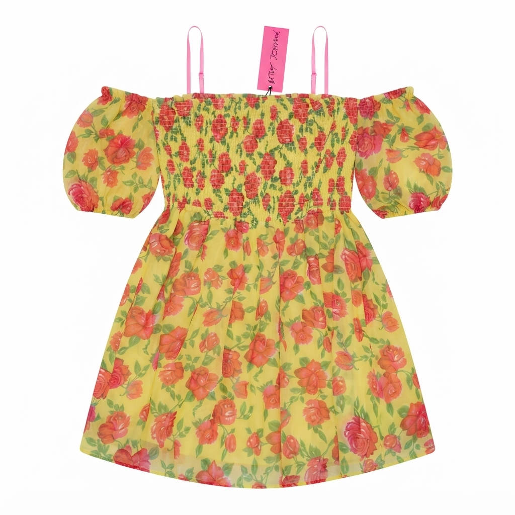 275) Vestido Floral Off-Shoulder Betsy Johnson – Talla XL | Amarillo con Rosas