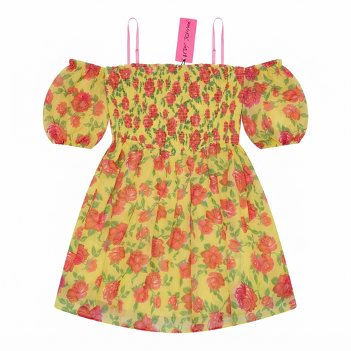 275) Vestido Floral Off-Shoulder Betsy Johnson – Talla XL | Amarillo con Rosas