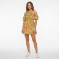 275) Vestido Floral Off-Shoulder Betsy Johnson – Talla XL | Amarillo con Rosas