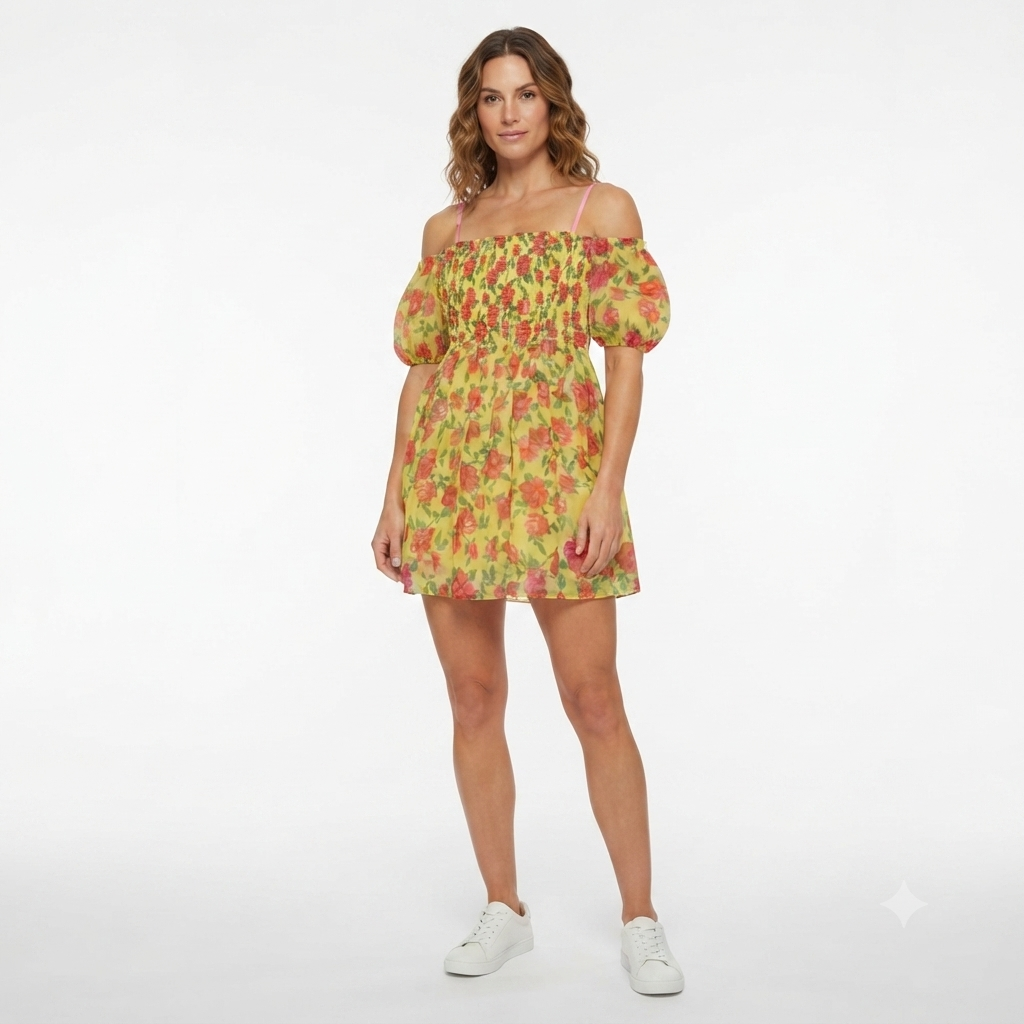 275) Vestido Floral Off-Shoulder Betsy Johnson – Talla XL | Amarillo con Rosas