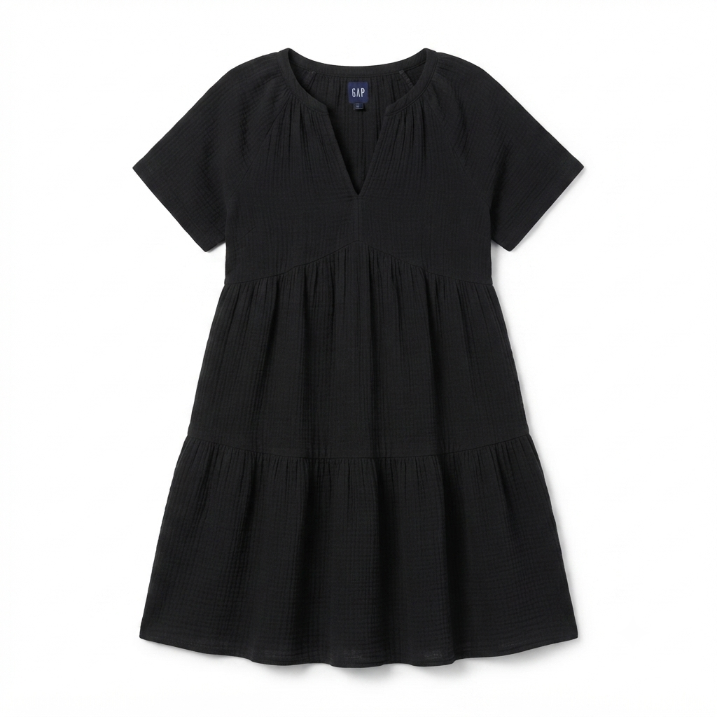 276) Vestido Negro Escalonado de Lino GAP – Manga Corta, Cuello V, Talla XS