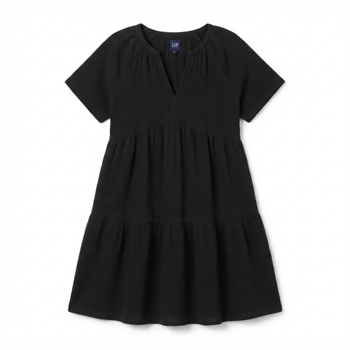 276) Vestido Negro Escalonado de Lino GAP – Manga Corta, Cuello V, Talla XS