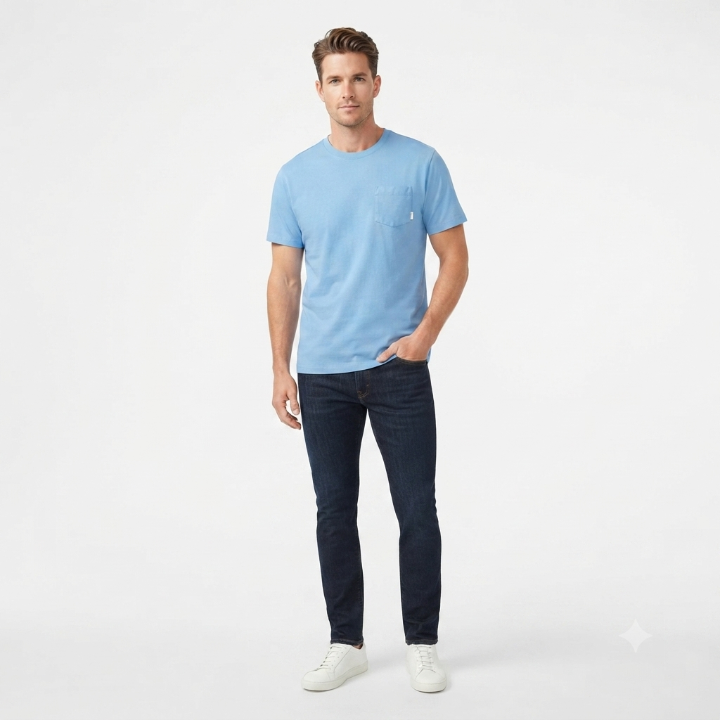 279) Camiseta Manga Corta para Hombre con Bolsillo – Algodón Suave y Fresco | Talla M | Azul Cielo