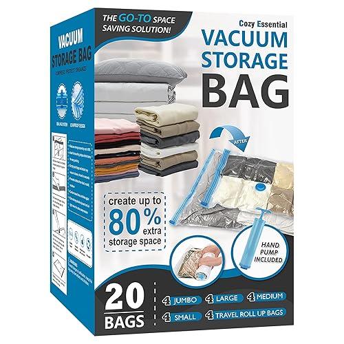 Bolsas de Almacenamiento al Vacío con Bomba Manual – Pack 20 Combinado, Ahorra hasta 80% de Espacio