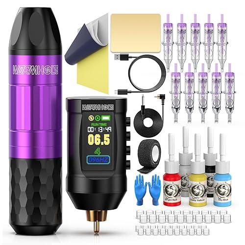 Kit de Tatuaje Inalámbrico Wormhole — Máquina, 2 Baterías 1200mAh, 20 Agujas Cartucho y Set de Tintas para Artistas (Morado)