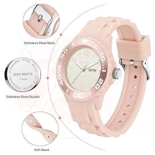 OXFANITE Waterproof Nurse Watch for Medical Professionals,Students, Women Men, Military Time Easy to Read Dial, 24 Hour with Second Hand, Soft and Breathable Silicone Band - Color rosado (9002-pink)