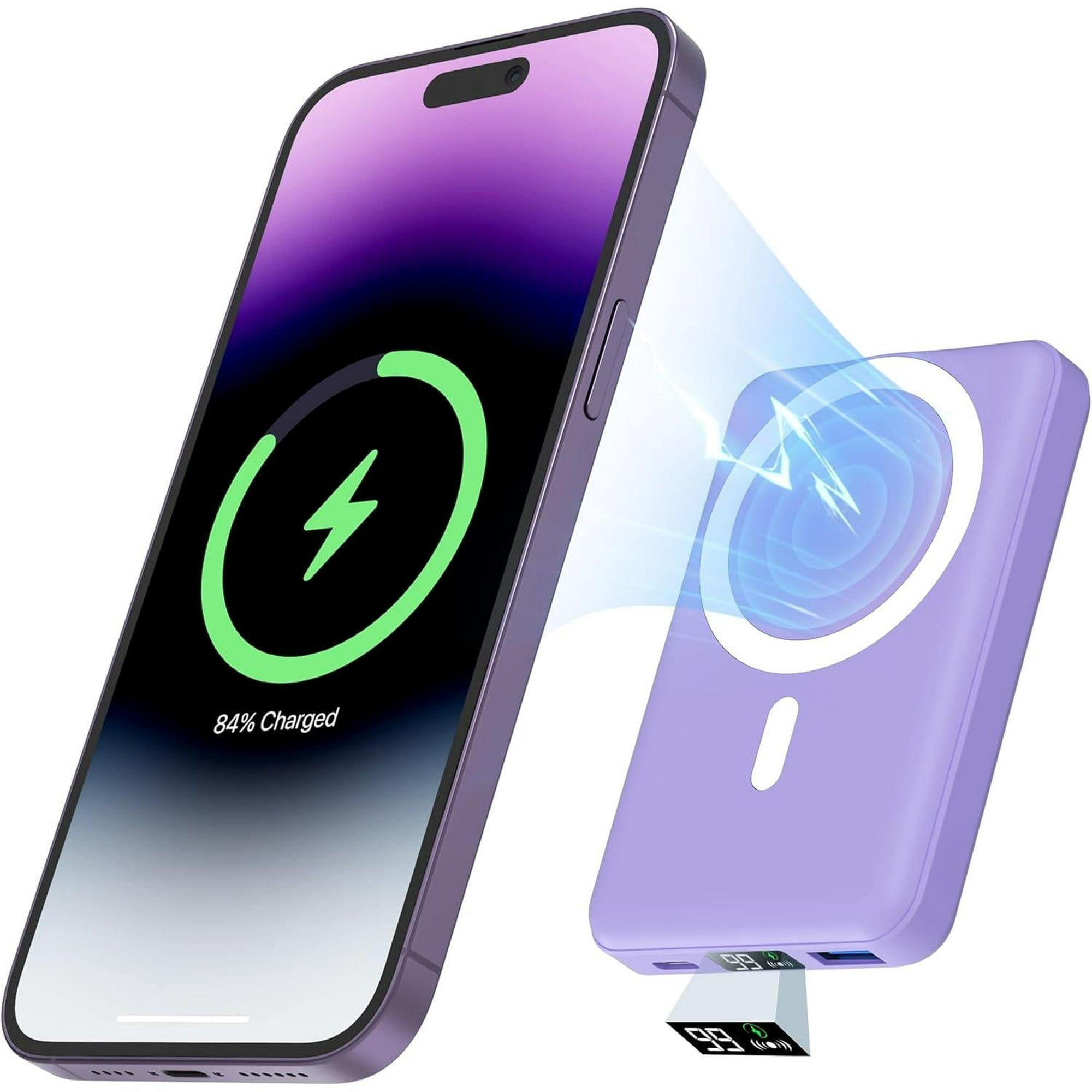 Podoru para Magsafe Paquete de baterías, banco de energía magnético plegable de 10000 mAh con cable USB-C pantalla LED de 22.5 W PD de carga rápida cargador portátil inalámbrico para iPhone 17/16/15/14/13/12 Series, color morado claro.