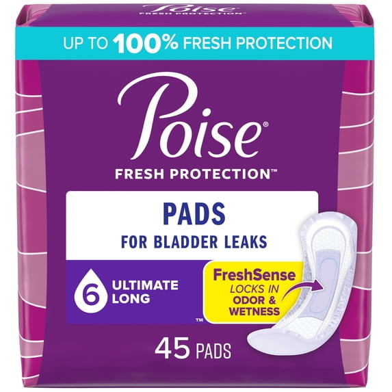 Poise Toallas para Incontinencia para Mujer, Absorción Máxima de 6 Gotas, Longitud Larga, 45 Unidades - Paquete de 2