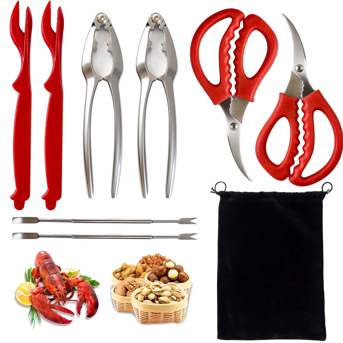 LAS TIJERAS SON COLOR NEGRO-Juego de Herramientas para Galletas de Mariscos con Salchicha de Langosta de Acero Inoxidable, Galletas para Cangrejo, Tenedor de Pata de Cangrejo, Tijeras para Mariscos y Bolsa de Almacenamiento
